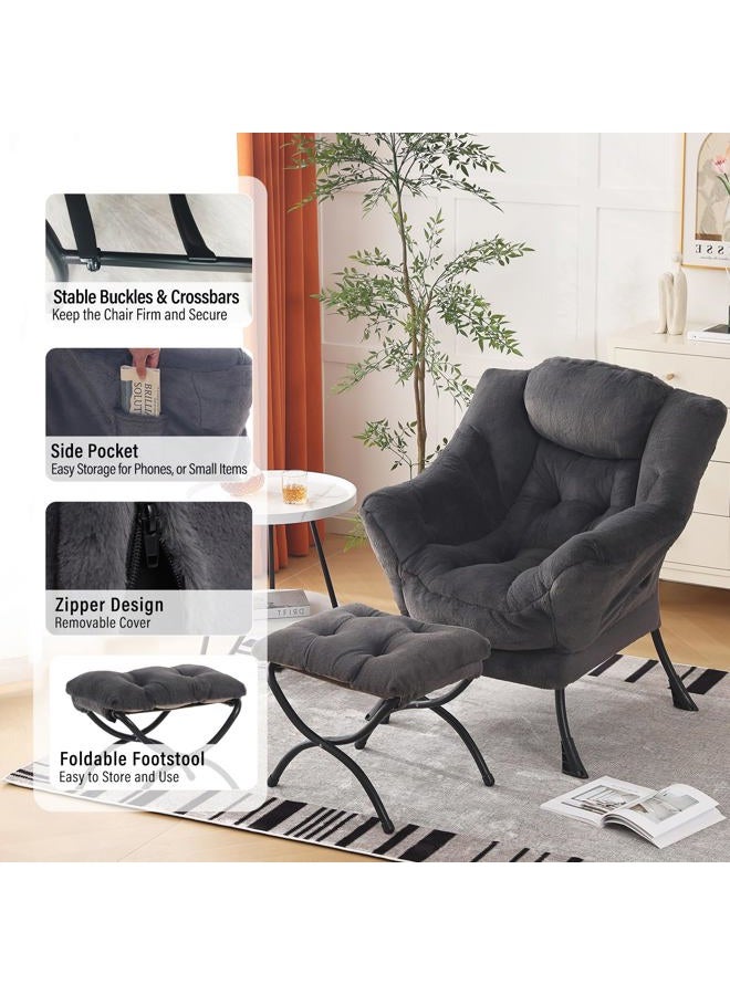 Furlide Lazy Chair with Ottoman, Modern Accent Chair with Armrests and a Side Pocket, Plush Navy Accent Chairs, Reading Chairs, Oversized Armchairs for Bedroom, Study, Living Room, Courtyard - Image 5
