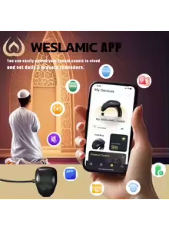 Smart Tasbih Tally Counter for Muslims Zikr Ring Bluetooth Electronic Digital Tasbeeh 2 Size Prayer Time Vibration Reminder - Size 18 and 20 - Black - Image 5