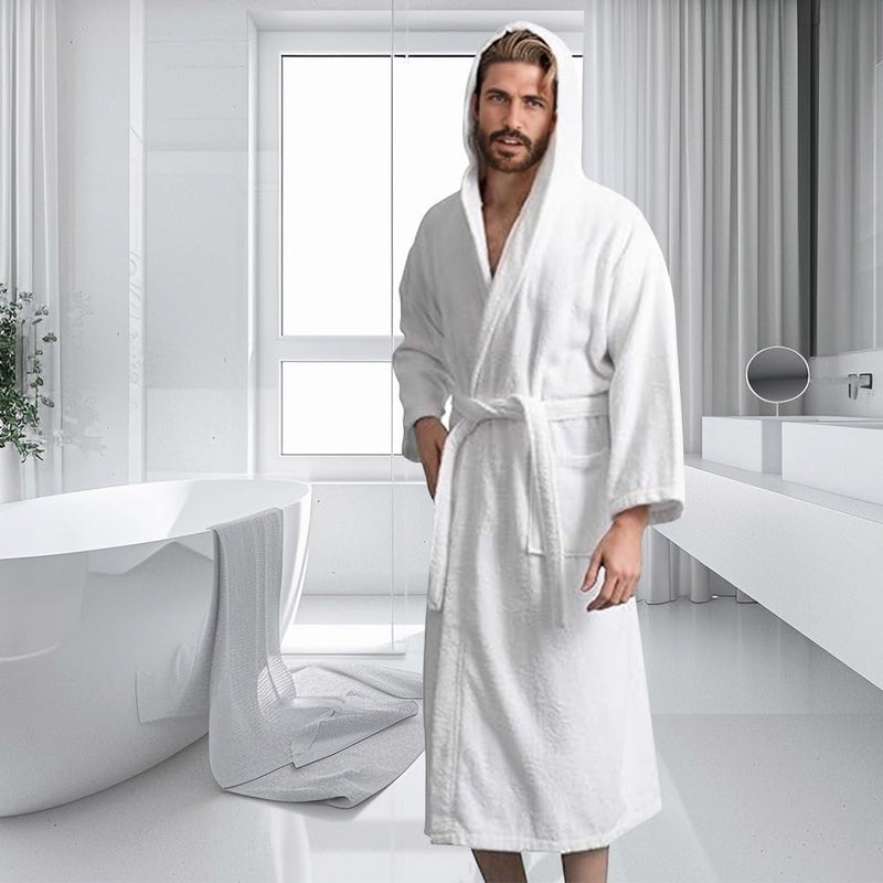 KAHAF COLLECTION Men's Terry Bathrobe with Hood, 100% Cotton Soft Long Towel Robe for Men, Super Absorbent, Quick Dry, Warm & Lightweight Loungewear, Spa, Shower, Gym & Home (L/XL, White) - Image 3