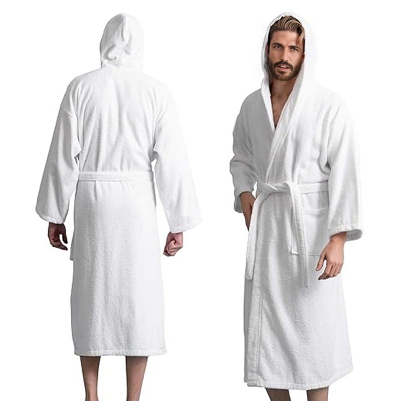KAHAF COLLECTION Men's Terry Bathrobe with Hood, 100% Cotton Soft Long Towel Robe for Men, Super Absorbent, Quick Dry, Warm & Lightweight Loungewear, Spa, Shower, Gym & Home (L/XL, White) - Image 1