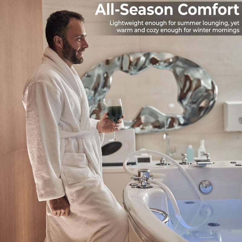 KAHAF COLLECTION Men's Terry Bathrobe with Hood, 100% Cotton Soft Long Towel Robe for Men, Super Absorbent, Quick Dry, Warm & Lightweight Loungewear, Spa, Shower, Gym & Home (L/XL, White) - Image 5