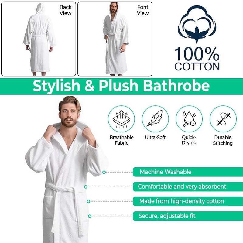 KAHAF COLLECTION Men's Terry Bathrobe with Hood, 100% Cotton Soft Long Towel Robe for Men, Super Absorbent, Quick Dry, Warm & Lightweight Loungewear, Spa, Shower, Gym & Home (L/XL, White) - Image 4