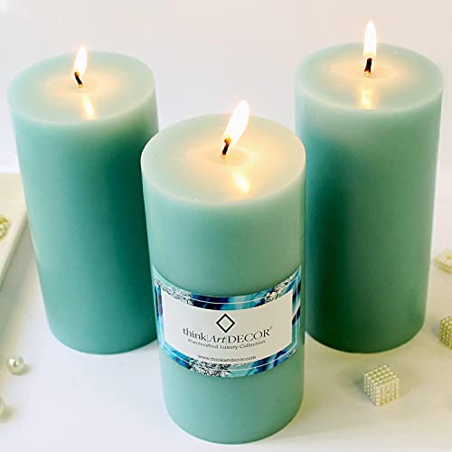 ThinkArtDecor Unscented Pillar Candles Set of 3 | 90 Hrs Each | 3X6 inch Smokeless & Dripless Wax Candles for Home Decor | Turquoise - Image 1