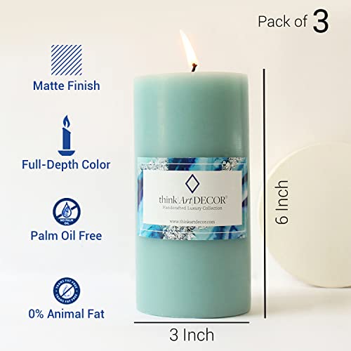 ThinkArtDecor Unscented Pillar Candles Set of 3 | 90 Hrs Each | 3X6 inch Smokeless & Dripless Wax Candles for Home Decor | Turquoise - Image 3