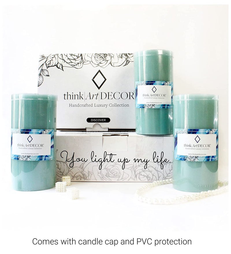 ThinkArtDecor Unscented Pillar Candles Set of 3 | 90 Hrs Each | 3X6 inch Smokeless & Dripless Wax Candles for Home Decor | Turquoise - Image 2