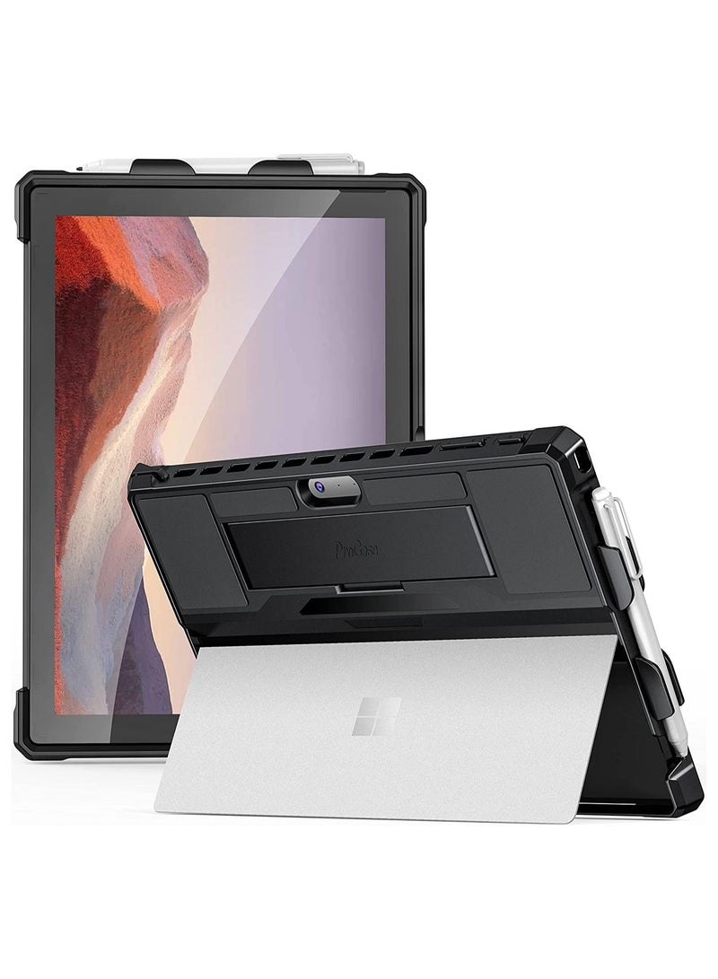 Procases ProCase Surface Pro 7 Plus (2021), Pro 7, Pro 6, Pro 5, Pro 4, Pro LTE 12.3" Case, Rugged Protective Cover with Pencil Holder and Hand Strap, Compatible with Type Cover Keyboard Kickstand -Black - Image 1