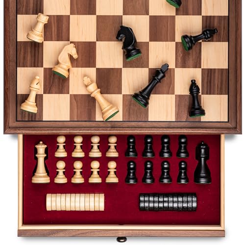 a&a AA 15 inch Walnut Wooden Chess Set with Storage Drawer Triple Weighted Pieces 30 inch King Height Walnut  Maple Inlay 2 Extra Queen Classic 2 in 1 Chess and Checkers Board Game - Image 1