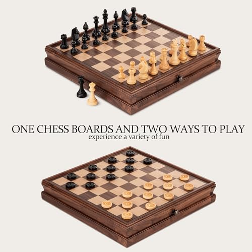 a&a AA 15 inch Walnut Wooden Chess Set with Storage Drawer Triple Weighted Pieces 30 inch King Height Walnut  Maple Inlay 2 Extra Queen Classic 2 in 1 Chess and Checkers Board Game - Image 5
