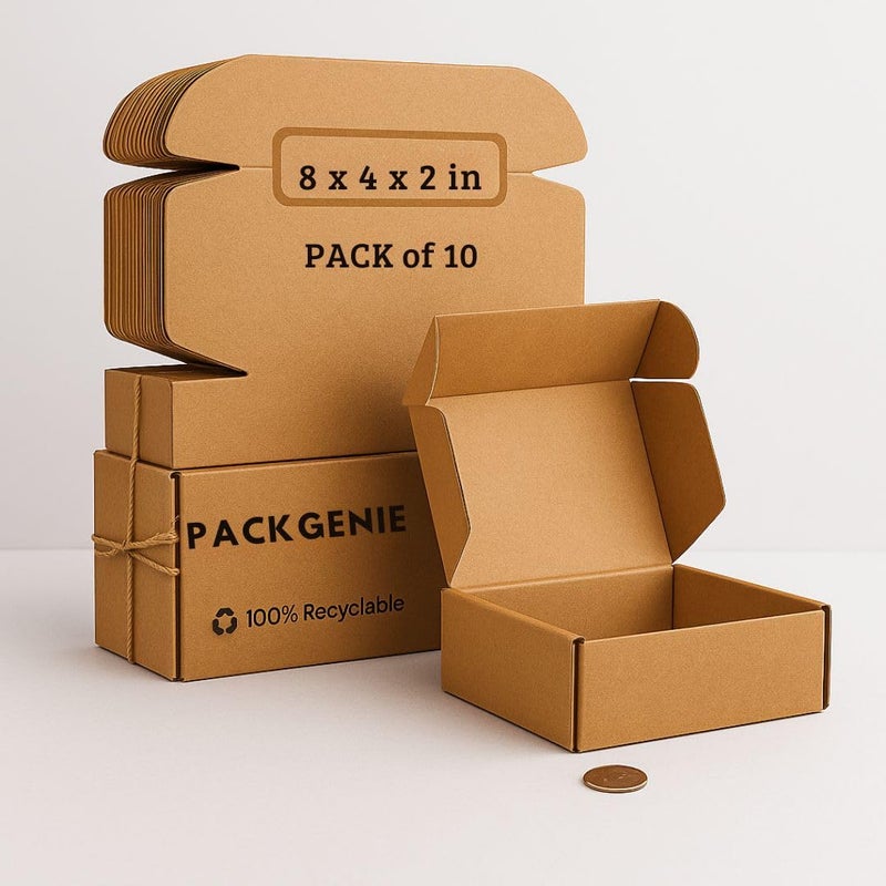 PackGenie 3 Ply BROWN Flap Corrugated Packaging Box, Size 8X4X2 Inches Paper Cardboard for Secure Shipping | Durable & Eco-Friendly Packaging Inches Pack of 10 - Image 1