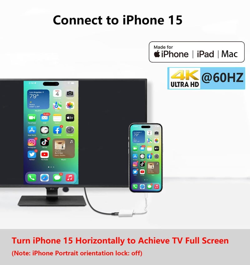 Smilebridge [MFi Certified] USB C to HDMI Adapter for iPhone 17 16 15 to TV, 4K@60Hz Type-C to HDMI Adapter with 100W Fast Charging Port for iPhone 17/17 Pro/17 Pro Max/Air/16 15 Pro Max to HDTV Projector Monitor - Image 3