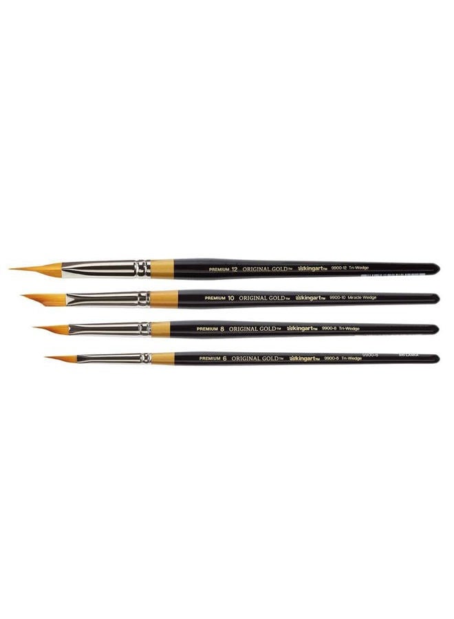 KINGART B-092 Premium 4 pc. Original Gold 9900 Series Miracle Wedge Artist Brush Set, Synthetic Golden Taklon Hair for Acrylic, Oil, Watercolor and Gouache Paint, Short Handle, 4 Sizes: 6, 8, 10, 12 - Image 3