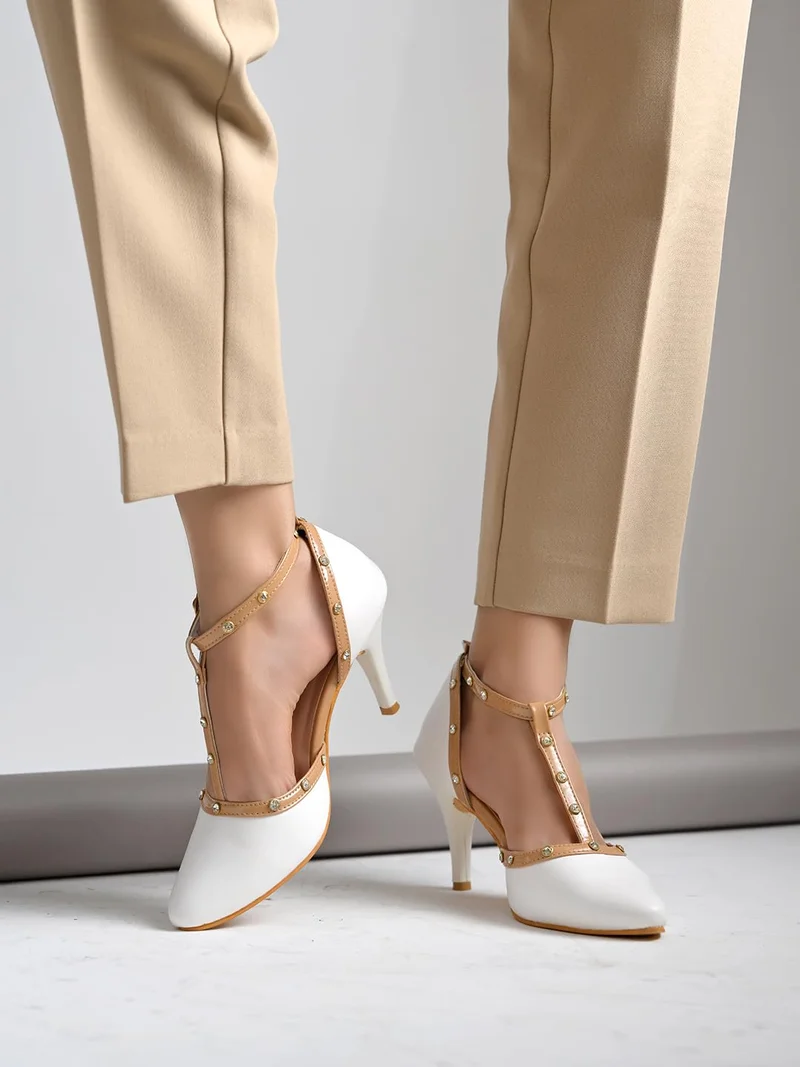 شوتوبيا Shoetopia Women’s White T-Strap Studded Heels – Elegant Pointed Toe Dress Pumps with Mid Stiletto Heel and Adjustable Buckle for Party, Office & Formal Footwear EU38