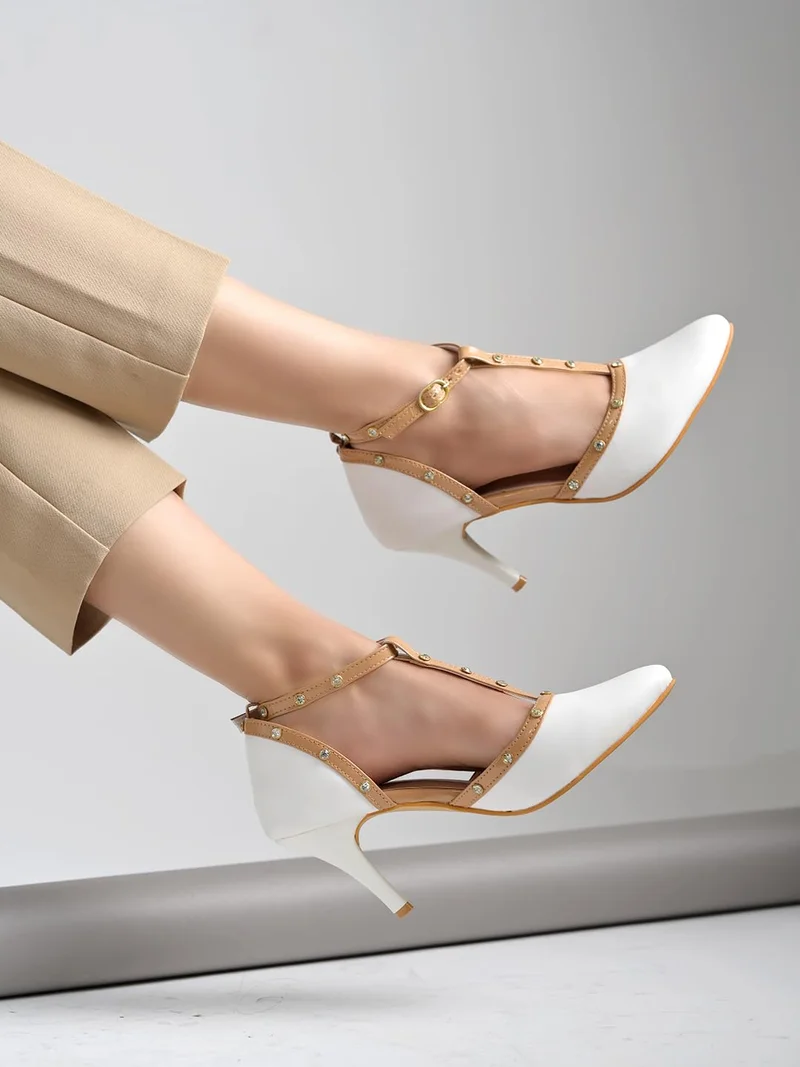 شوتوبيا Shoetopia Women’s White T-Strap Studded Heels – Elegant Pointed Toe Dress Pumps with Mid Stiletto Heel and Adjustable Buckle for Party, Office & Formal Footwear EU38