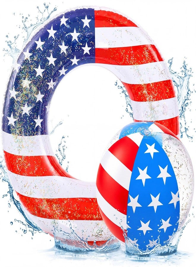 Foilswirl 2/6/18 Pcs Patriotic Inflatable Pool Float and Summer Beach Ball for Adults 35.5 Inch USA Flag Swim Tube Ring 15.7 Inch Balls Red White Blue Pool Toy for Summer Beach Party(2 Pack) - Image 1