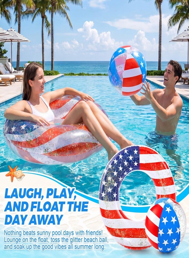 Foilswirl 2/6/18 Pcs Patriotic Inflatable Pool Float and Summer Beach Ball for Adults 35.5 Inch USA Flag Swim Tube Ring 15.7 Inch Balls Red White Blue Pool Toy for Summer Beach Party(2 Pack) - Image 4