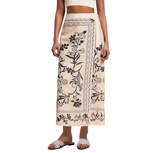 Sujama Women’s Floral Print Wrap Skirts Boho Tie Knot Skirt High Waist Causal Cute Flower Graphic Long Skirts Beachwear 2025 Apricot - Image 1