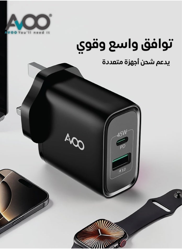 AVOO 45W USB and Type C Fast Charger PD Dual Port Power Delivery 3.0 Adapter Plug for iPhone 12 11 Pro Max X XR XS 8 SE 2020 iPad Samsung S20 Huawei P40 P30, Black - Image 3