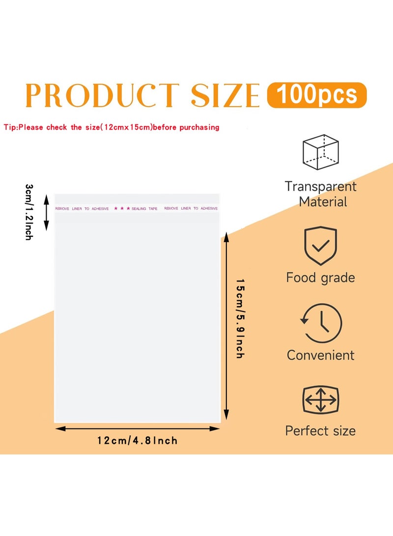 نيونيكس أكياس السيلوفان ذاتية الإغلاق، 12x15 سم 100 قطعة أكياس بسكويت شفافة قابلة لإعادة الإغلاق ذاتية اللصق لتغليف البسكويت والهدايا والمنتجات - Image 2