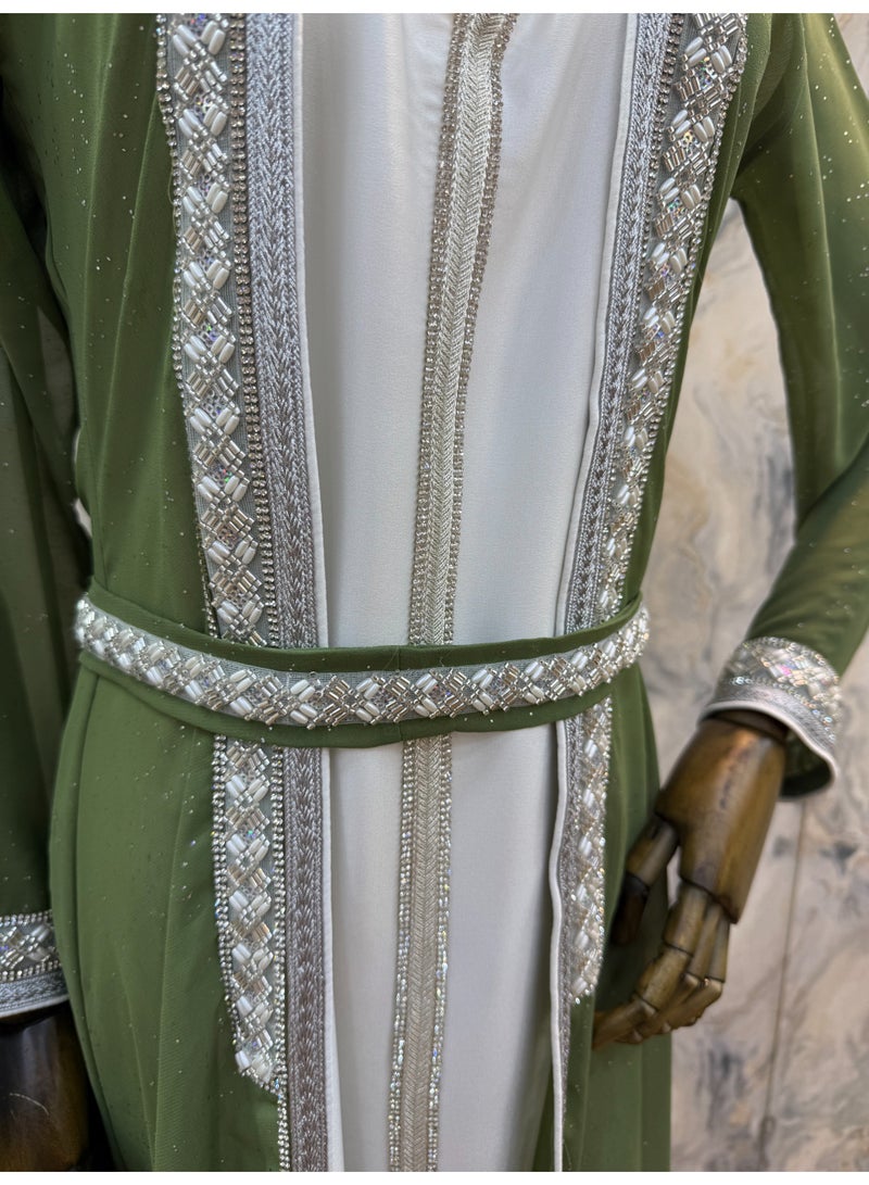 Kaftan Elegant Green Moroccan Style Kaftan with Silver Embellishments - Image 2