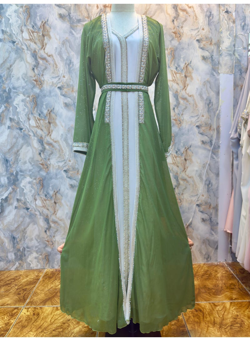 Kaftan Elegant Green Moroccan Style Kaftan with Silver Embellishments - Image 1