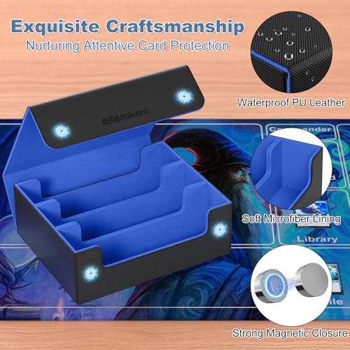 Mlikero Card Deck Case, 1800+ Trading Card Storage Box with 10 Dividers and 3 Foam Stoppers, Leather Magnetic Closure Commander Deck Box Fit for YuGiOh, MTG and Sport Cards(Black&Blue) - Image 4