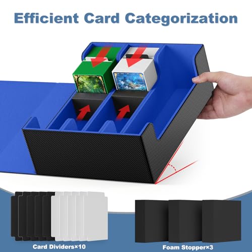 Mlikero Card Deck Case, 1800+ Trading Card Storage Box with 10 Dividers and 3 Foam Stoppers, Leather Magnetic Closure Commander Deck Box Fit for YuGiOh, MTG and Sport Cards(Black&Blue) - Image 3