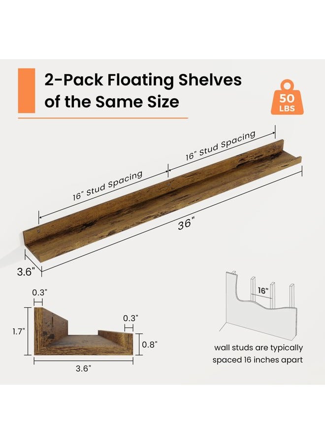 RICHFOCUS Picture Ledge Shelf, 36 inch Floating Shelves Set of 2, Wood Wall Shelves with Lip, Wall Decor Storage for Bedroom Living Room Bathroom Kitchen Nursery Photo Picture, Rustic Brown - Image 3