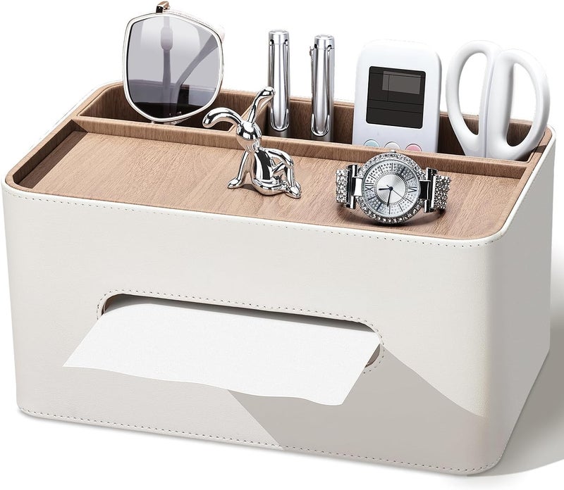 KINGFOM PU Leather Tissue Box Cover Rectangular with Storage Organizer, Multifunctional Remote Control Holder, Desk Organizer for Living Room, Bedroom, Office, Decorative Tissue Holder with Compartments Beige - Image 1