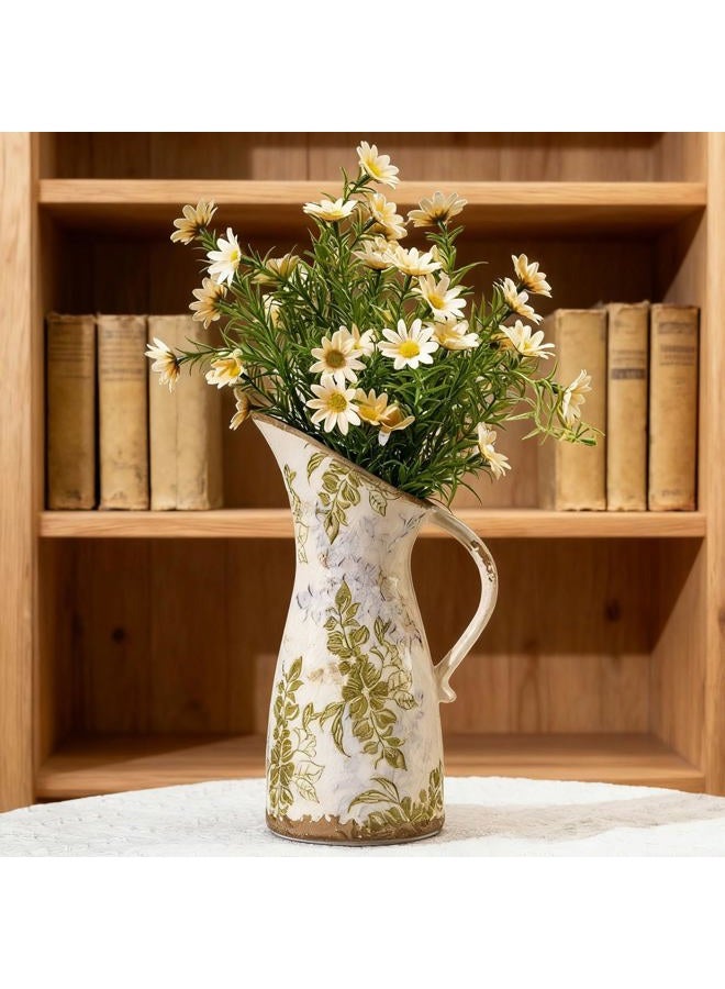 SURE YUESI Vintage Ceramic Pitcher Vase with Handle, Farmhouse Green and Purple Large Floral Vases, French Country Decorative Vase, Rustic Table Centerpiece for Home Decor, Bookshelf, Office 10.5 Inch - Image 2