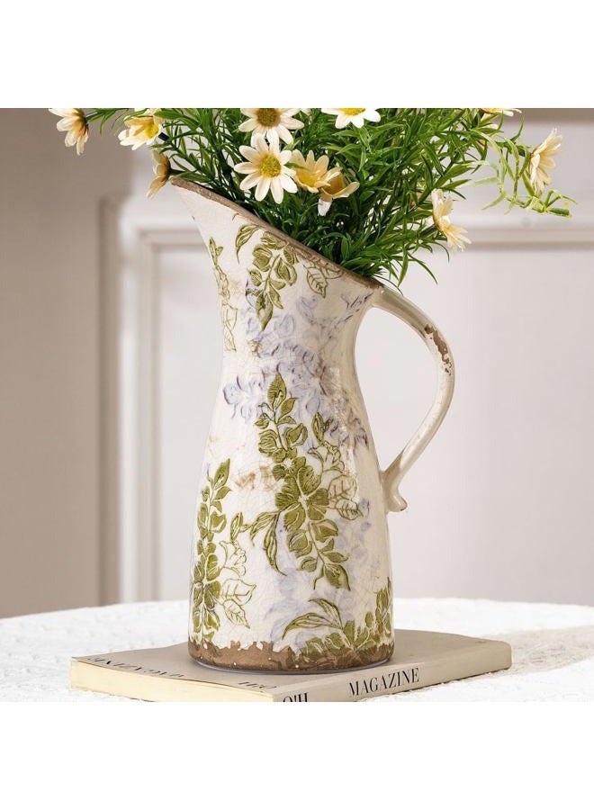 SURE YUESI Vintage Ceramic Pitcher Vase with Handle, Farmhouse Green and Purple Large Floral Vases, French Country Decorative Vase, Rustic Table Centerpiece for Home Decor, Bookshelf, Office 10.5 Inch - Image 1
