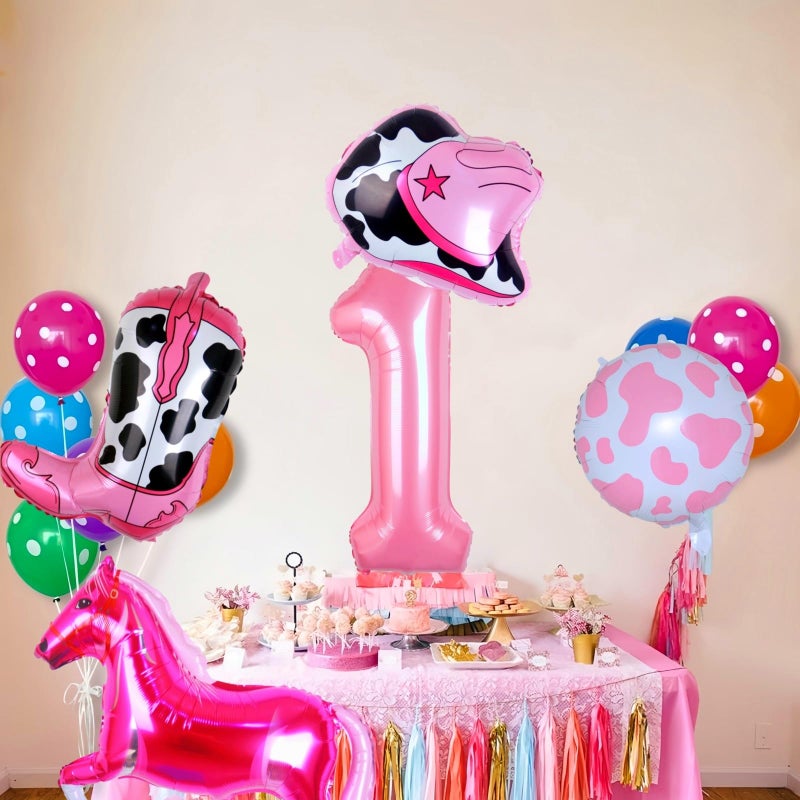 Kwuz Cowgirl Balloons First Rodeo Birthday Party Decorations for Girls, Pink Horse Hat Boot Cow Balloons Disco Girl 1st Rodeo Birthday Party Decor Supplies Favors (32 Inch Pink 1) - Image 4
