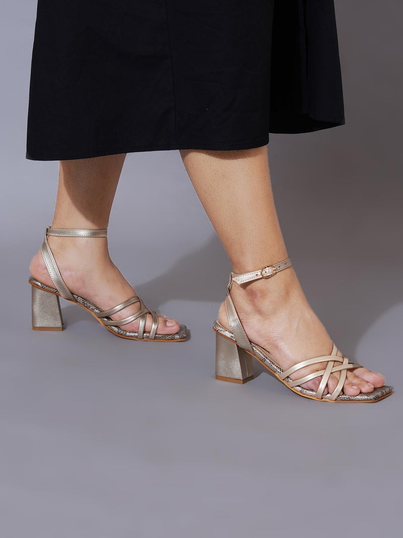NZS Women’s Golden Block Heel Slip-On Sandals – Stylish Comfortable Heel Party Footwear Heels with Ankle Strap Design EU39 - Image 3