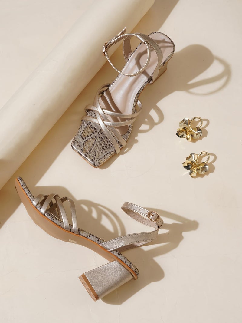 NZS Women’s Golden Block Heel Slip-On Sandals – Stylish Comfortable Heel Party Footwear Heels with Ankle Strap Design EU39 - Image 5