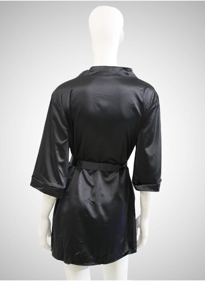 ovitio Women's Black Bathrobe with Waist Tie in Two Pieces  - Image 4