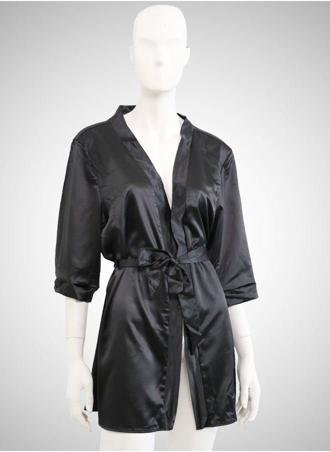 ovitio Women's Black Bathrobe with Waist Tie in Two Pieces  - Image 3