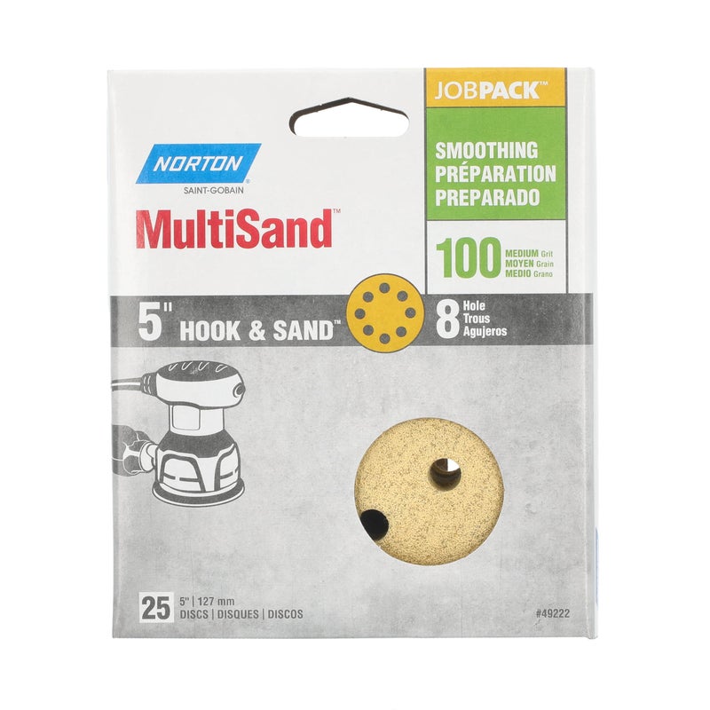 Norton MultiSand Hook and Loop Sanding Discs Orbital Sander Sandpaper for Wood Metal and Fiberglass 100 Grit Sand Paper 5 Inch Sanding Discs Hook and Loop Pack of 25