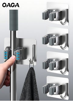 OAGA 4 Pcs Mop Broom Holder, Hooks for Hanging, Self Adhesive Stainless Steel Broom Storage with Rack and Hook, Wall Mounted Mop Broom Organizer for Home, Bathroom, Kitchen- Silver  - Image 1