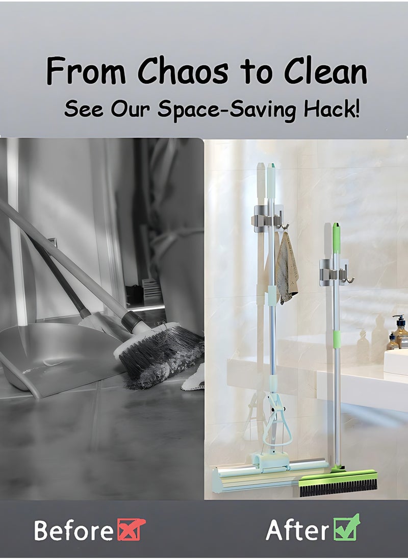 OAGA 4 Pcs Mop Broom Holder, Hooks for Hanging, Self Adhesive Stainless Steel Broom Storage with Rack and Hook, Wall Mounted Mop Broom Organizer for Home, Bathroom, Kitchen- Silver  - Image 2