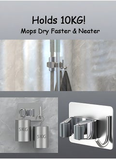 OAGA 4 Pcs Mop Broom Holder, Hooks for Hanging, Self Adhesive Stainless Steel Broom Storage with Rack and Hook, Wall Mounted Mop Broom Organizer for Home, Bathroom, Kitchen- Silver  - Image 4