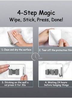 OAGA 4 Pcs Mop Broom Holder, Hooks for Hanging, Self Adhesive Stainless Steel Broom Storage with Rack and Hook, Wall Mounted Mop Broom Organizer for Home, Bathroom, Kitchen- Silver  - Image 5
