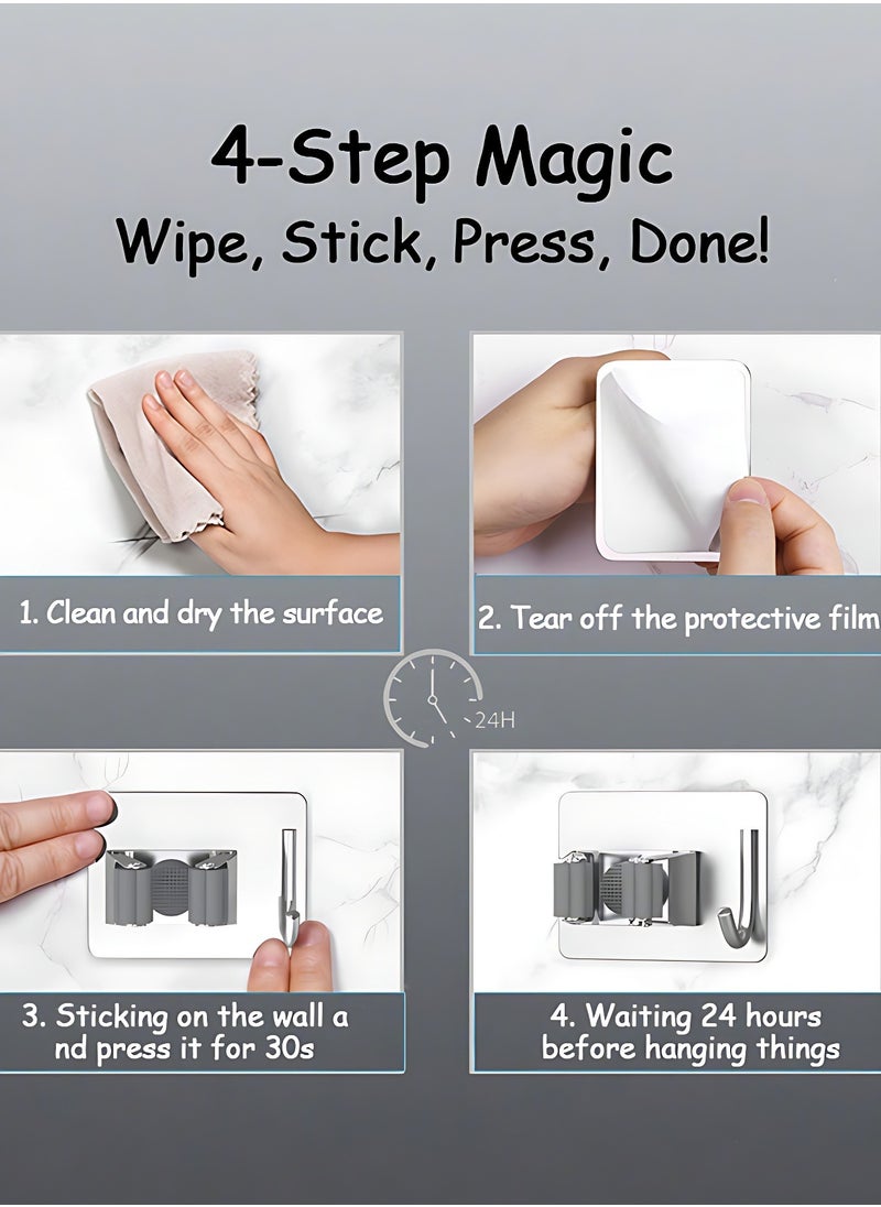 OAGA 4 Pcs Mop Broom Holder, Hooks for Hanging, Self Adhesive Stainless Steel Broom Storage with Rack and Hook, Wall Mounted Mop Broom Organizer for Home, Bathroom, Kitchen- Silver  - Image 5