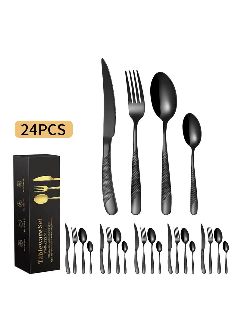 KUYING New Relief 24 Piece Set of Gold-Plated Stainless Steel Western Dining Knife Fork Tableware Set 