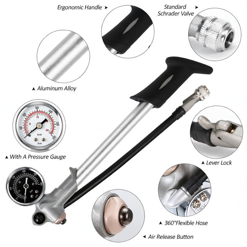 Giyo Mini Bike Pump: 300 PSI Aluminum Alloy Portable Pump - Built-In Pressure Gauge 360°Rotary Hose Bicycle Pump for Road Repair Flat Tire Quick Fix - Image 4