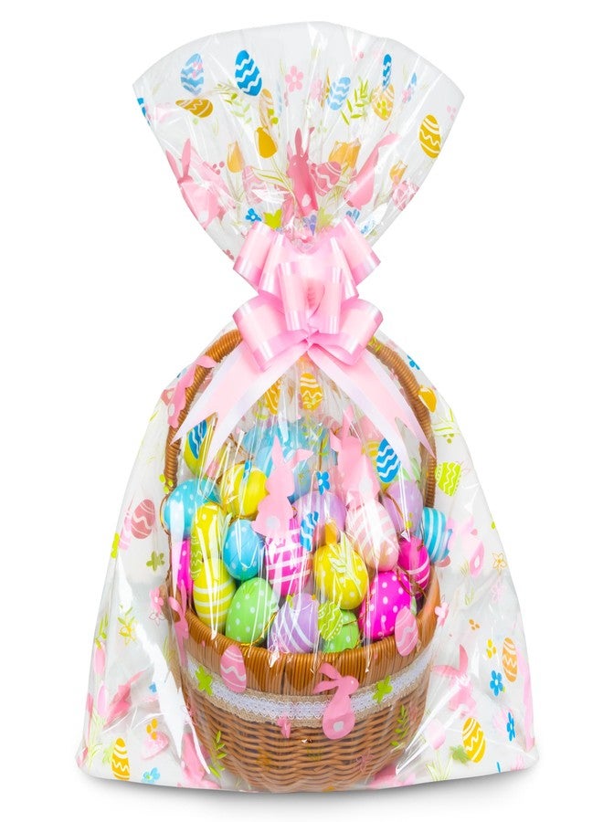 GOMANCHE 10 Pack Large Easter Basket Bags, 24 x 30 Inches Easter Cellophane Basket Wrap with 10 Pieces Pull Bow, Plastic Gift Wrapping for Spring Party Favor Supplies - Image 1