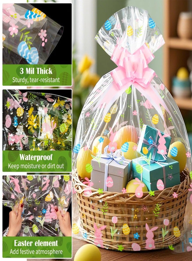 GOMANCHE 10 Pack Large Easter Basket Bags, 24 x 30 Inches Easter Cellophane Basket Wrap with 10 Pieces Pull Bow, Plastic Gift Wrapping for Spring Party Favor Supplies - Image 5