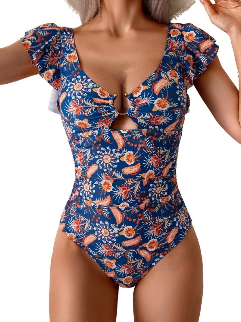 Eomenie Womens Ruffled One Piece Swimsuit Slimming Tummy Control Bathing Suit V-Neck Cutout Swimwear for Resort Wear - Image 1