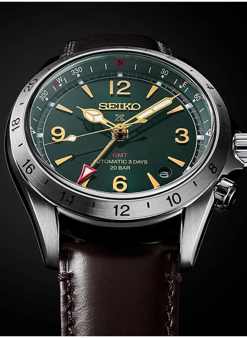 سيكو Prospex Alpinist Mechanical GMT Men’s Watch SBEJ005, 39.5 mm Green Dial, Leather Strap, 100 m WR - Image 4