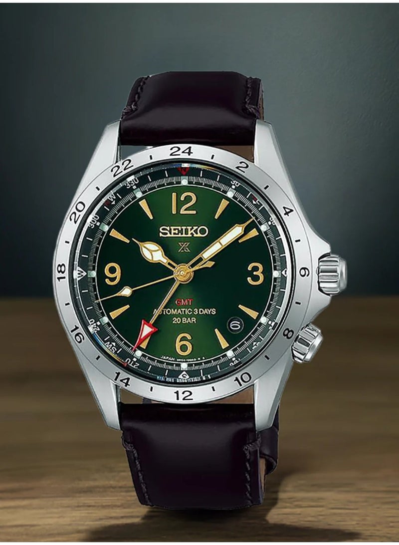 سيكو Prospex Alpinist Mechanical GMT Men’s Watch SBEJ005, 39.5 mm Green Dial, Leather Strap, 100 m WR - Image 1