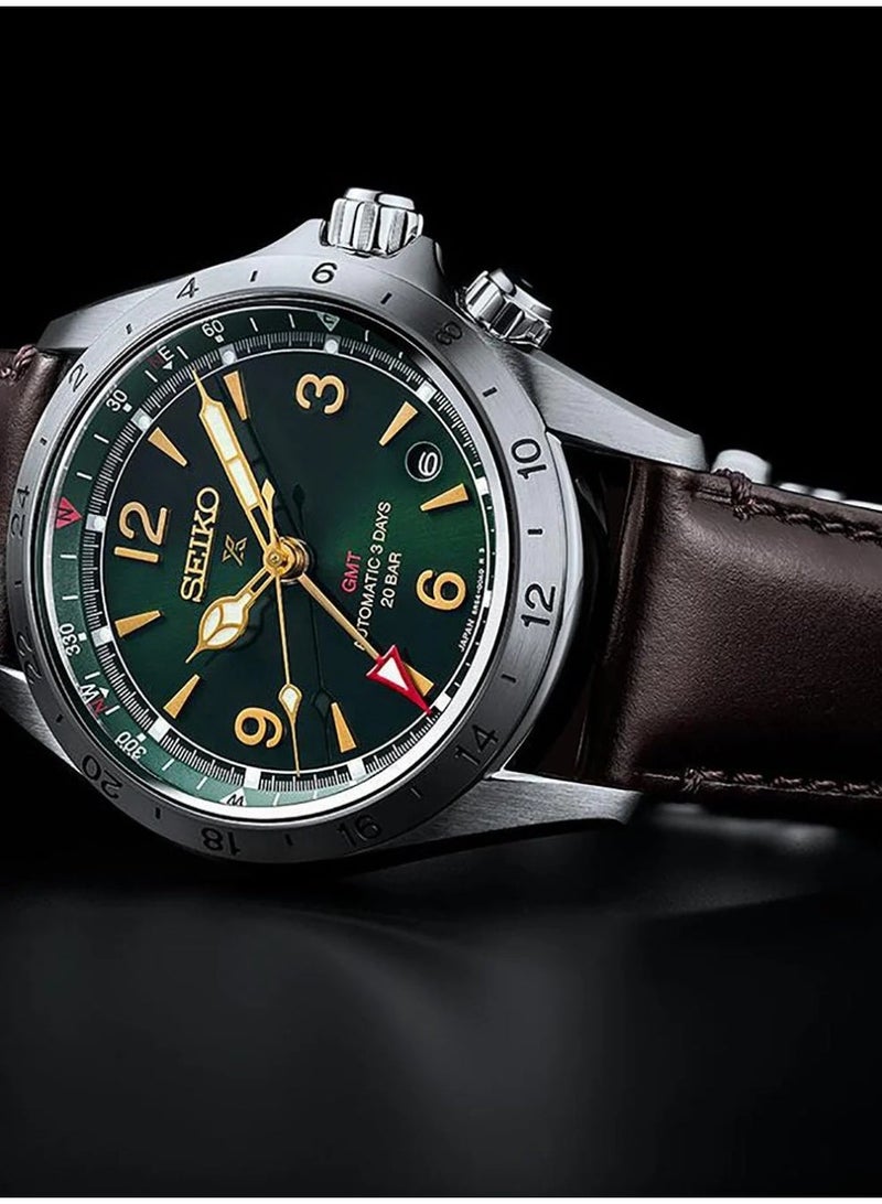 سيكو Prospex Alpinist Mechanical GMT Men’s Watch SBEJ005, 39.5 mm Green Dial, Leather Strap, 100 m WR - Image 2