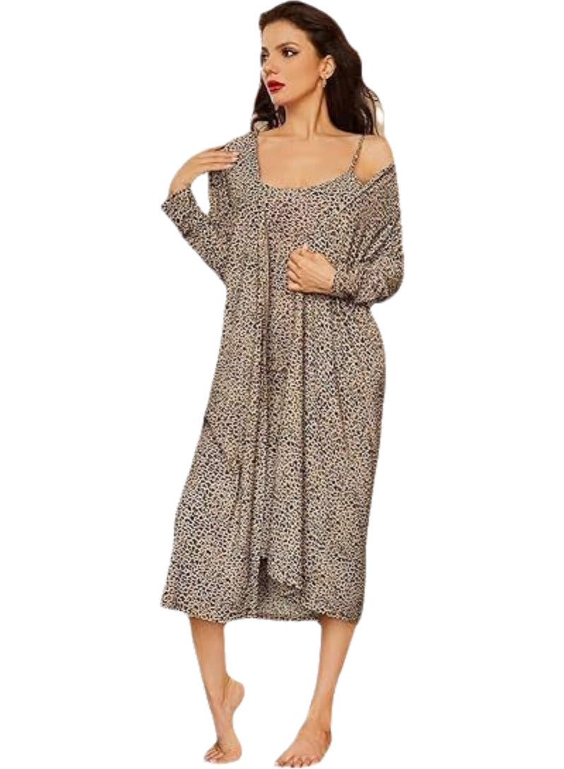 Women Leopard Print Lounge Wear Set Soft Butter Lycra Midi Dress with Matching Long Robe Lightweight Stretch Comfortable Home Wear Free Size Up to 65 KG - Image 2